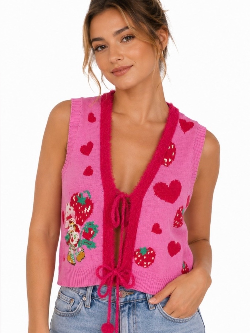 Strawberry Shortcake Pink Tie Front Knit Sweater Vest M NWT